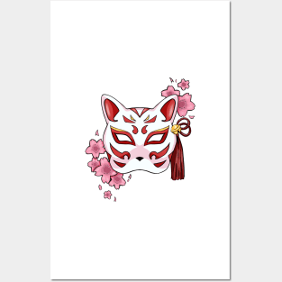 Cherry Blossom Fox Mask - A Playful and Elegant Design Posters and Art